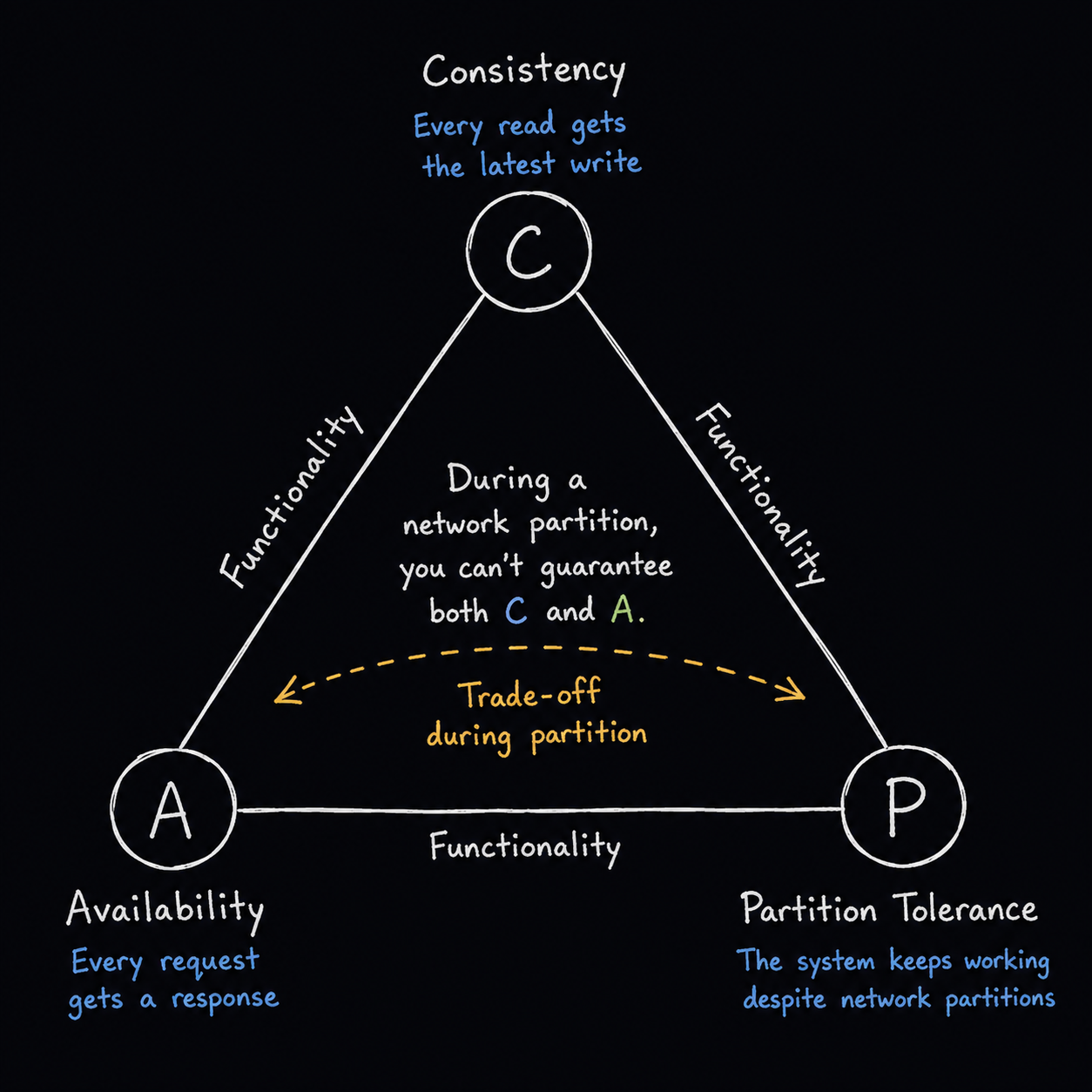 CAP theorem triangle showing Consistency, Availability, and Partition tolerance