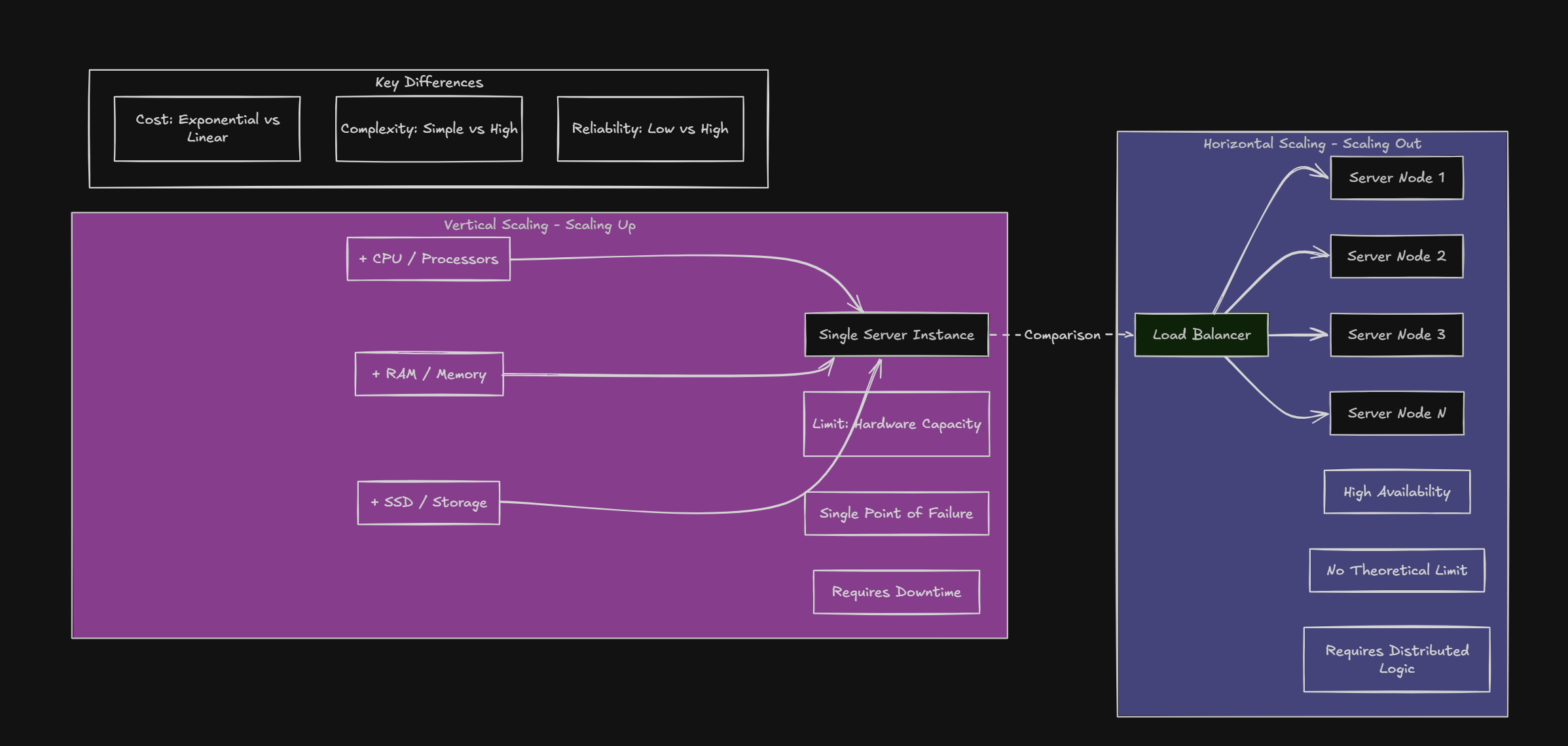 Diagram comparing horizontal scaling (many small servers) vs vertical scaling (one bigger server)